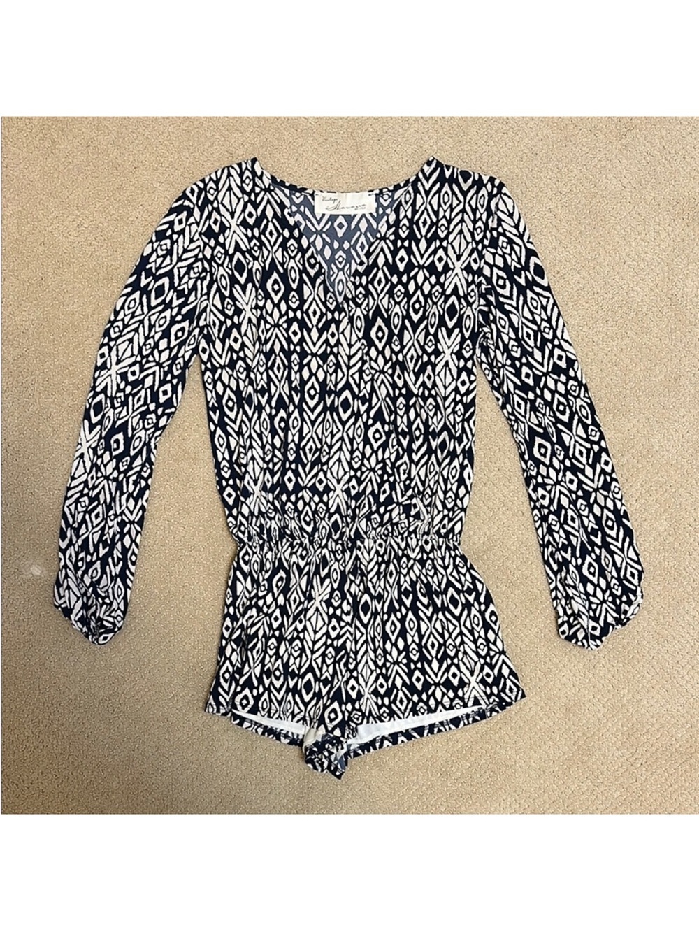 Vintage Havana Navy and White Patterned Romper with Long Sleeves Size Small